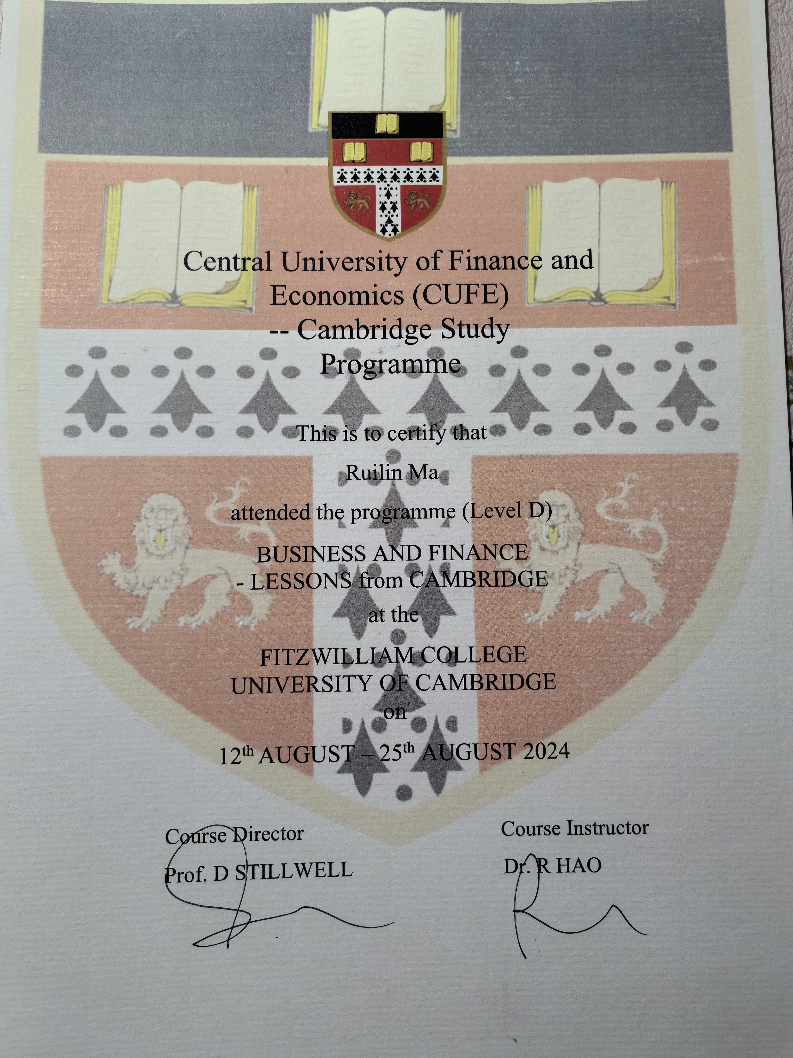 剑桥大学菲茨威廉学院暑期项目结业证书